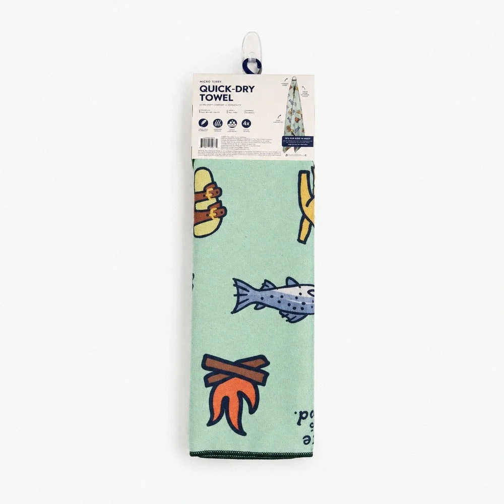 Life is Good Micro Terry Quick-Dry Towel Green Camping Print 72.5 x 30 in